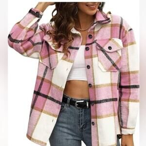 Moss Rose Womens Casual Plaid Shacket Button Down Long Sleeve M Pink Flannel